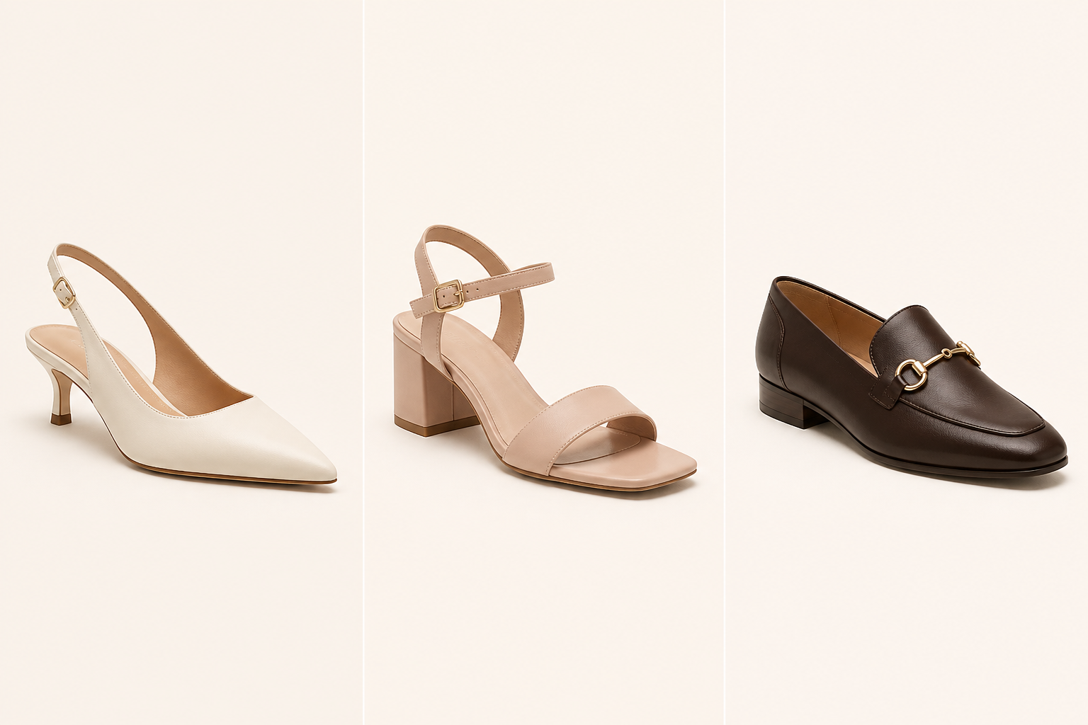 Aurelia Slingback berwarna ivory dengan hak kitten dan aksen emas